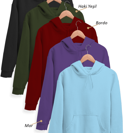 5'li Kışlık Unisex Kapşonlu Sweatshirt Seti (Siyah, Haki Yeşil, Bordo, Mor, Buz Mavi)