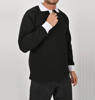 Siyah Çift Renkli Kışlık Polo Yaka Sweatshirt Beyaz Yakalı