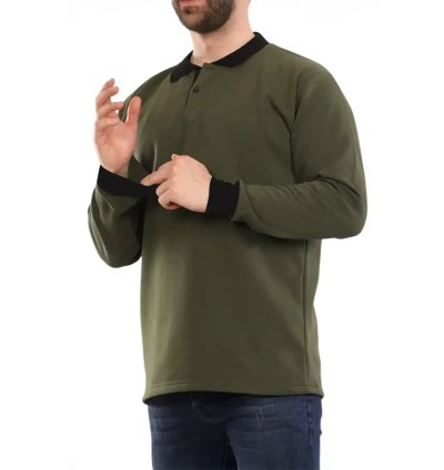 Haki Yeşil Çift Renkli Kışlık Polo Yaka Sweatshirt Siyah Yakalı