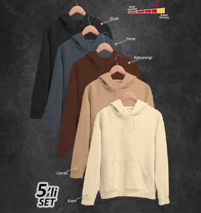 5'li Kışlık Unisex Kapşonlu Sweatshirt Seti (Siyah, Füme, Kahverengi, Camel, Krem)
