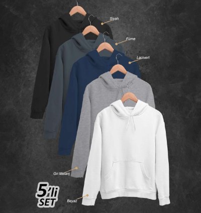 5'li Kışlık Unisex Kapşonlu Sweatshirt Seti (Siyah, Füme, Lacivert, Gri, Beyaz)