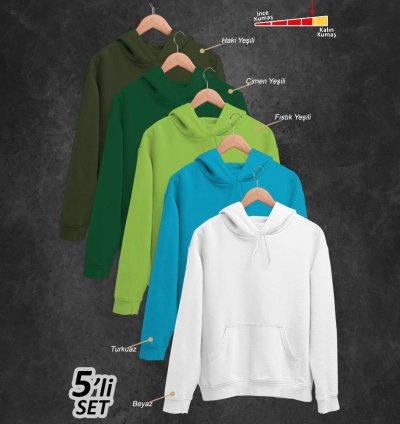 5'li Kışlık Unisex Kapşonlu Sweatshirt Seti (Haki Yeşili, Çimen Yeşili, Fıstık Yeşili, Turkuaz, Beyaz)