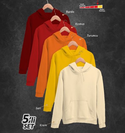 5'li Kışlık Unisex Kapşonlu Sweatshirt Seti (Bordo, Kırmızı, Turuncu, Sarı, Krem)