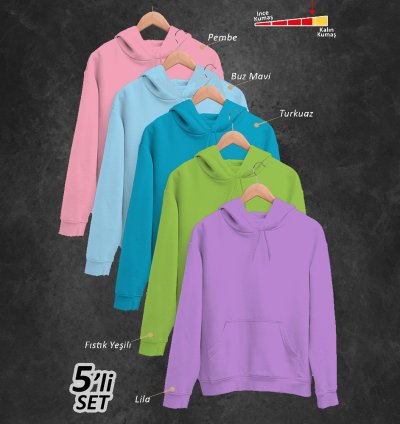 5'li Kışlık Unisex Kapşonlu Sweatshirt Seti (Pembe, Mavi, Turkuaz, Fıstık Yeşili, Lila)