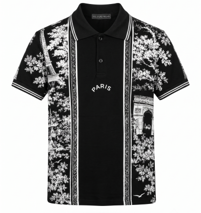 Paris Desenli Siyah Polo Yaka Tişört